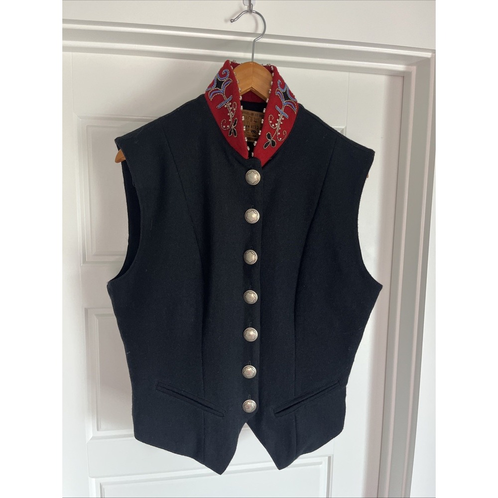 Double D Ranch Wool Beaded Embroidery Black Vest Red Collar M Cowgirl Western